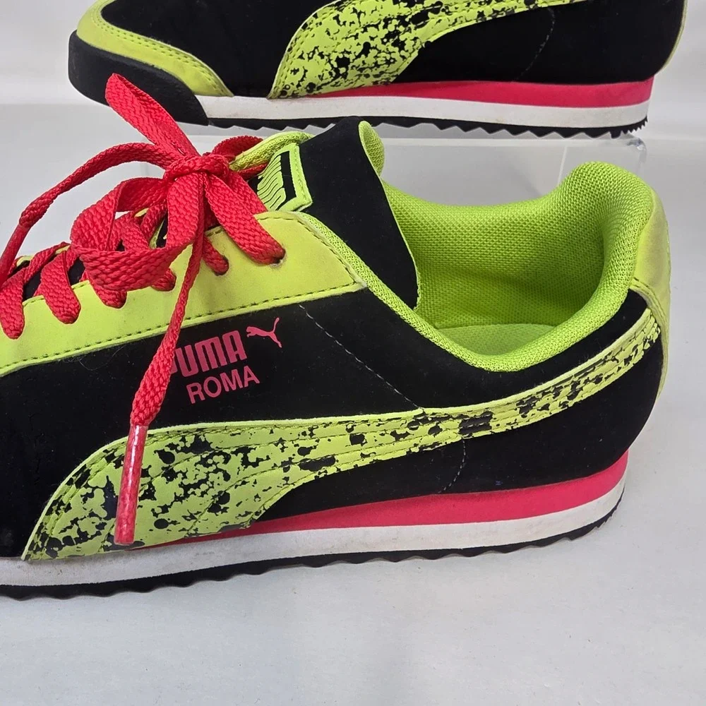 Puma Roma Sneakers Women 5 Black Lime Green Pink Splatter Low Top 359172 01 Good
